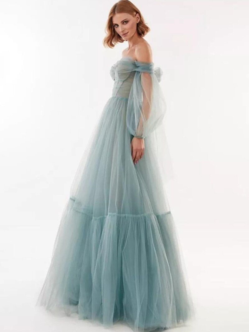 Whimsical Tulle Maxi Evening Dress Blush Off-Shoulder Puff Sleeves for Women