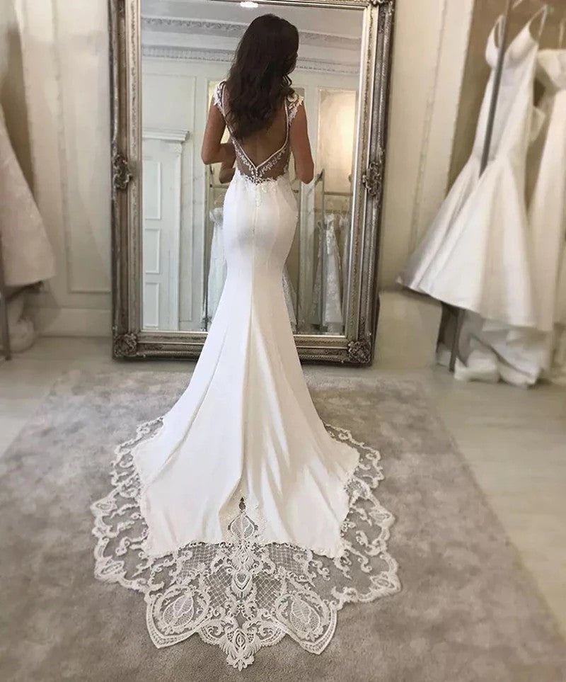 Charming Deep V-neck Backless Wedding Dresses Simple Mermaid Satin Wed   VLLUSISA