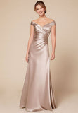 Fashion Ruched Evening Dresses High Quality V-neck Off Shoulder Satin Formal Evening Gowns