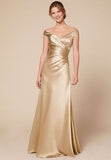 Fashion Ruched Evening Dresses High Quality V-neck Off Shoulder Satin Formal Evening Gowns