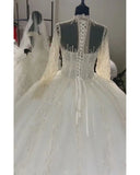 High Neck Long Sleeve Beading Lace Wedding Dress Illusive Princess Ball Gown Bridal Dress