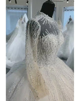 High Neck Long Sleeve Beading Lace Wedding Dress Illusive Princess Ball Gown Bridal Dress