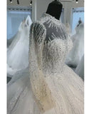 High Neck Long Sleeve Beading Lace Wedding Dress Illusive Princess Ball Gown Bridal Dress