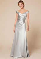 Fashion Ruched Evening Dresses High Quality V-neck Off Shoulder Satin Formal Evening Gowns