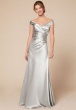 Fashion Ruched Evening Dresses High Quality V-neck Off Shoulder Satin Formal Evening Gowns