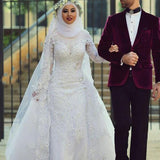 Fashion Muslim Wedding Dresses Long Sleeve Hijab Lace Appliqued Islamic Bridal Gowns