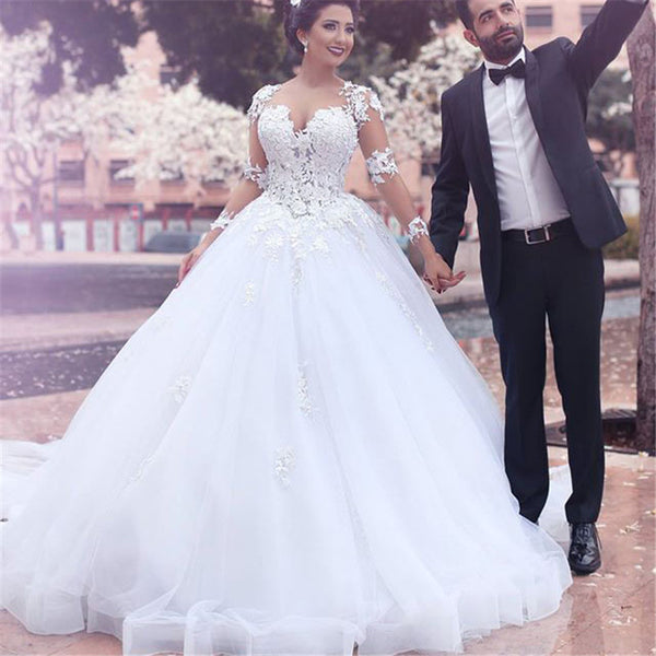 Custom Made Romantic Full Sleeve Lace Appliqued Wedding Dresses Illusive Ball Gown Bridal Dresses