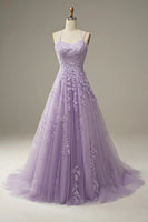 Custom Made A-Line Spaghetti Strap Backless Evening Dresses Lace Formal Evening Gowns