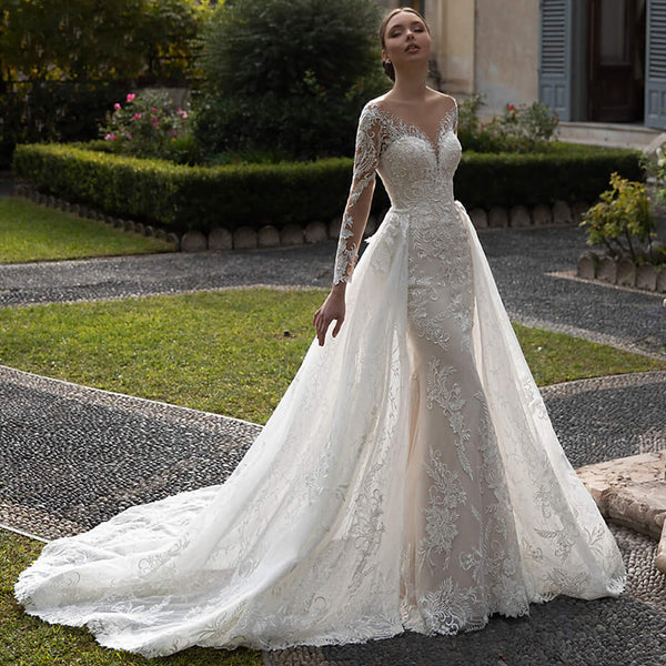 Recién llegado, vestidos de novia con apliques de encaje de manga larga, vestidos de novia con espalda de ilusión