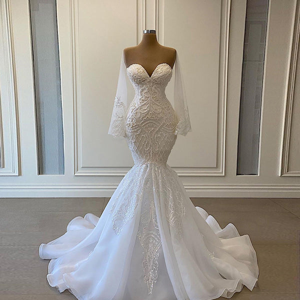 Illusion O-neck Flare Sleeve Mermaid Beaded Wedding Dress Custom Made Embroidered Bridal Gown