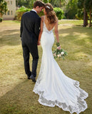 VLLUSISA Sheath Wedding Dresses Sexy V-neck Spaghetti Strap Lace Appliqued Bridal Gowns