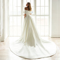 VLLUSISA Boat Neck Off Shoulder Wedding Dress Sheath Satin Wedding Gown With Detachable Train