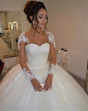 Fashion Illusive Lace Appliqued Ball Gown Wedding Dress Sheer Long Sleeve Sweetheart Bridal Gown