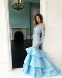 VLLUSISA Long Sleeve Mermaid Tiered Evening Dresses Custom Made Sky Blue Lace Evening Gowns