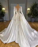 Luxury Deep V-neck Long Sleeve Sheath Wedding Dress Beaded Saudi Arabia Bridal Gown With Detachable Tail