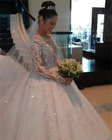 Fancy Beading Lace Cathedral Wedding Dress Illusion O-neck Long Sleeve Ball Gown Bridal Dress