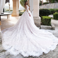 Illusion Scoop Neck Long Sleeve Wedding Gown Cathedral Train Ball Gown Lace Wedding Dress