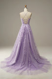 Custom Made A-Line Spaghetti Strap Backless Evening Dresses Lace Formal Evening Gowns