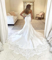 Exquisite Strapless Lace Satin Wedding Dresses Sheath Bridal Gowns With Chapel Train