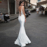 Simple O-neck Sheath Lace Bridal Gowns Sexy Slit Open Back Light Wedding Dresses