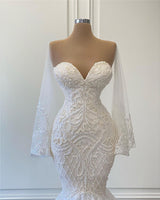 Illusion O-neck Flare Sleeve Mermaid Beaded Wedding Dress Custom Made Embroidered Bridal Gown