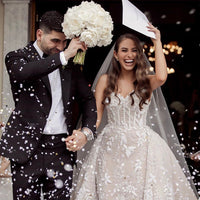 Vestido de novia de sirena con abalorios de lujo Vestido de novia de encaje francés sin espalda con tren desmontable