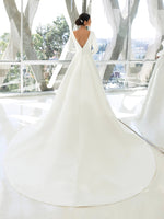 Custom Made Satin Wedding Dresses Simple Deep V-neck Long Sleeve Ruffled Bridal Gowns