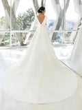 Custom Made Satin Wedding Dresses Simple Deep V-neck Long Sleeve Ruffled Bridal Gowns