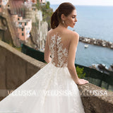 VLLUSISA Illusion A Line Wedding Dress O-neck Sleeveless Beach Lace Appliqued Bridal Gown