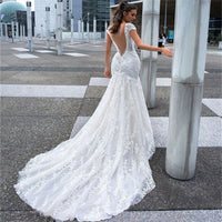 Sexy Beading Deep V-neck Sheath Wedding Gown Cap Sleeve Backless Lace Flower Wedding Dress