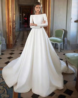 Gorgeous Boat Neck Long Sleeve Backless Wedding Dress Simple Satin Bridal Gown