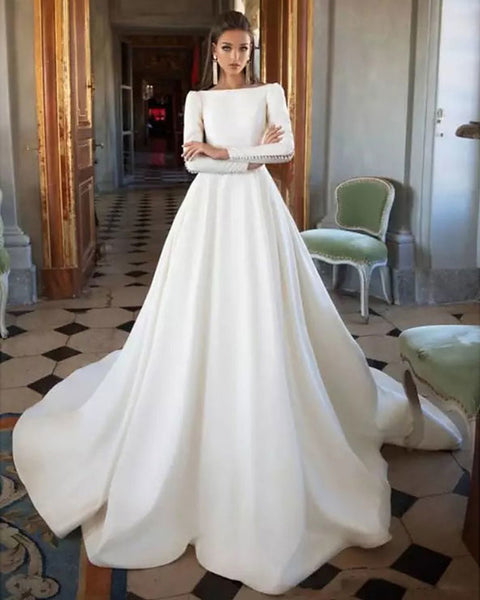 Robe de mariée magnifique col bateau à manches longues dos nu robe de mariée en satin simple