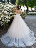 Illusion A-line O-neck Cap Sleeve Wedding Dress Champagne Lace Appliqued Wedding Gown