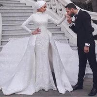 High Neck Long Sleeve Sheath Muslim Wedding Dress Lace Hijab Wedding Gown With Detachable Train