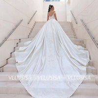 Custom Made Off Shoulder Backless Ball Gown Wedding Dress Beading Lace Satin Bridal Gown