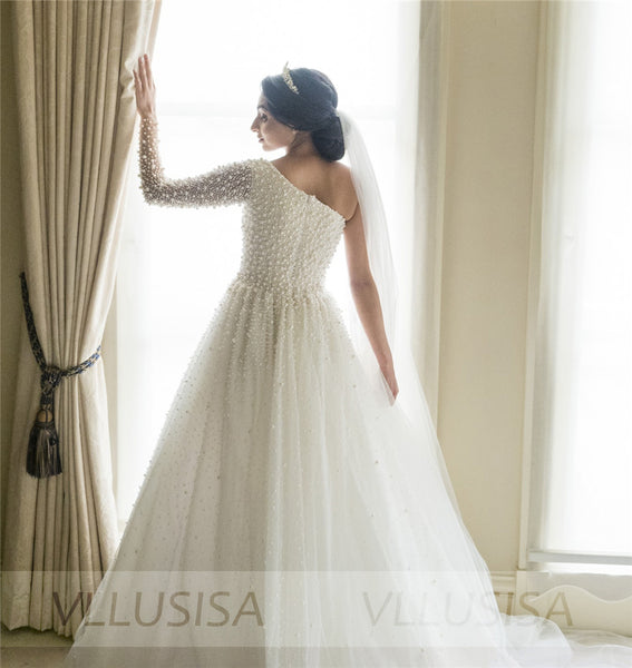 VLLUSISA Heavy Beaded One Shoulder Long Sleeve Wedding Dresses Dubai P VLLUSISA Heavy Beaded One Shoulder Long Sleeve Wedding Dresses Dubai P