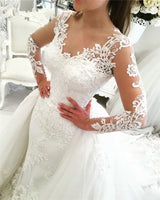 Illusive Full Sleeve Lace Wedding Dress Detachable Train 2 In 1 Bridal Gown Vestido De Noiva