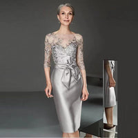 Illusion Three Quarter Sleeve Knee Length Wedding Party Dress Lace Satin Mother Of The Bride Dress