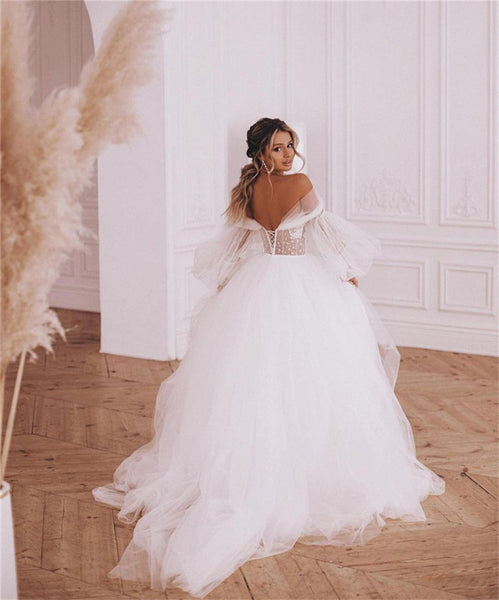 boho puff sleeve wedding dress Puff Sleeves Bohemian Rustic Wedding Gown See Through Ivory Lace Boho Wedding Dresses AWD1938