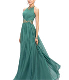 Beading Pleated Chiffon Prom Dress A Line Floor Length Halter Neckline Dinner Party Gown