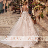 Illusion A-line O-neck Long Sleeve Wedding Gown Custom Made Champagne Lace Appliqued Wedding Dress