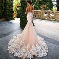 Illusion Cap Sleeve Mermaid Wedding Gown Light Champagne Backless Lace Appliqued Wedding Dress