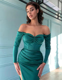 Sexy Pleat Slit Backless Evening Dresses Off Shoulder Long Sleeve Satin Formal Evening Gowns