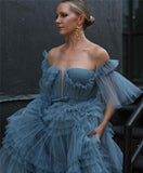 Fashion Strapless Puff Sleeve Ball Gown Evening Dress Dusty Blue Ruffled Evening Gown