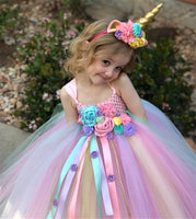 Fashion Ribbon Flower Girl Dresses Kids Unicorn Dresses Ball Gown Party Dresses