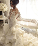 Gorgeous Scalloped Neck Long Sleeve Wedding Dresses Organza Mermaid Bridal Gowns