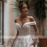 Elegant Beading A-line Off-shoulder Wedding Dress Backless Embroidered Satin Bridal Gown