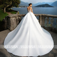 VLLUSISA O-Neck Long Sleeve Beach Bridal Gowns A-line Lace Satin Wedding Dresses