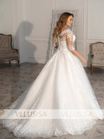 VLLUSISA Plus Size A-Line col festonné demi manches robes de mariée grande taille dentelle robes de mariée