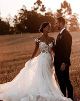 Romantique Une Ligne Hors Épaule Longue Queue Robes De Mariée Espagne Perles Dentelle Robes De Mariée